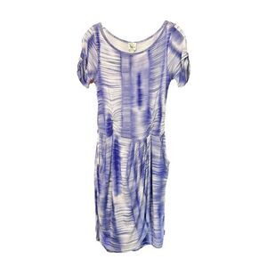 Anthropologie Weston Wear Wrap Dress Ruched Purple White Short Sleeve Women 8